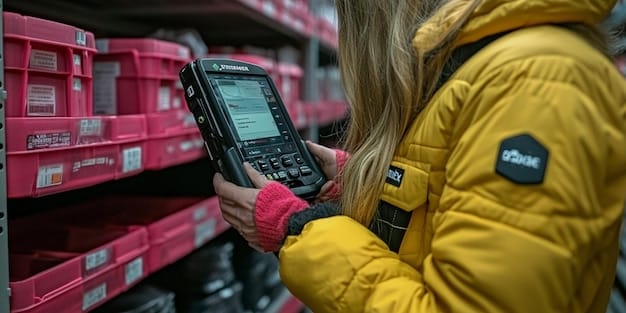A close-up shot of a smart retail shelf with RFID tags on products, displaying real-time inventory levels on a digital screen. A store employee is scanning the shelf with a handheld device.