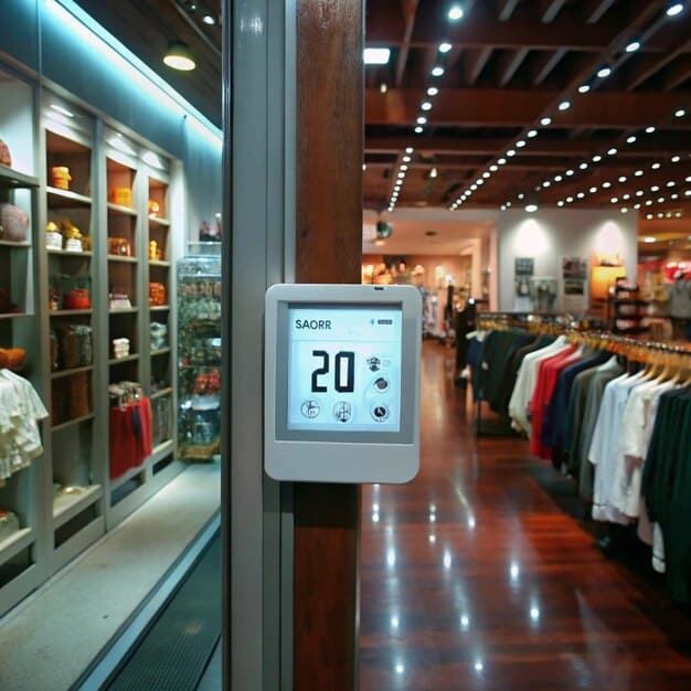 A close-up of a smart thermostat in a retail store, displaying energy usage data and allowing remote control. The background shows a department store setting with clothing racks.