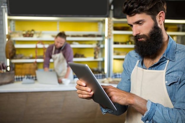 A retail employee uses a tablet to assist a customer in-store, accessing real-time inventory and product information. The scene shows a modern, well-lit retail environment with other shoppers visible in the background. The focus is on the interaction between the employee and customer, highlighting the integration of technology to enhance the shopping experience.