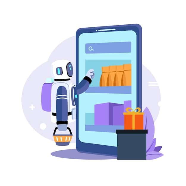 A graphic representation of AI algorithms processing voice commands and analyzing customer data to provide personalized shopping recommendations through a voice assistant.