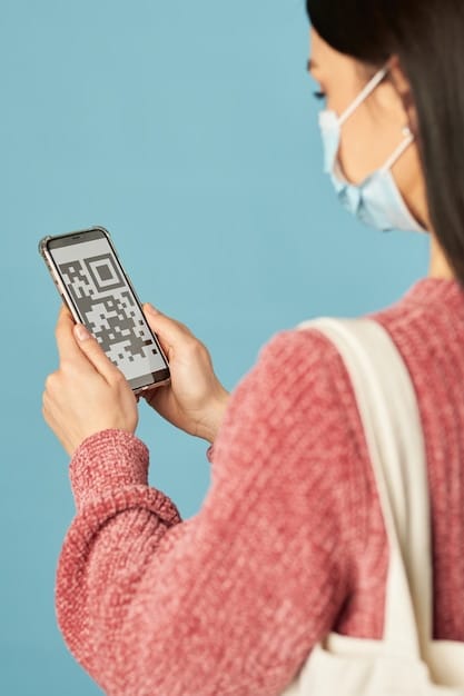 A close-up shot of a person using a smartphone to scan a QR code displayed on a product tag in a retail store. The background is slightly blurred to focus on the smartphone screen and the QR code. The image highlights the integration of mobile technology in physical retail spaces.