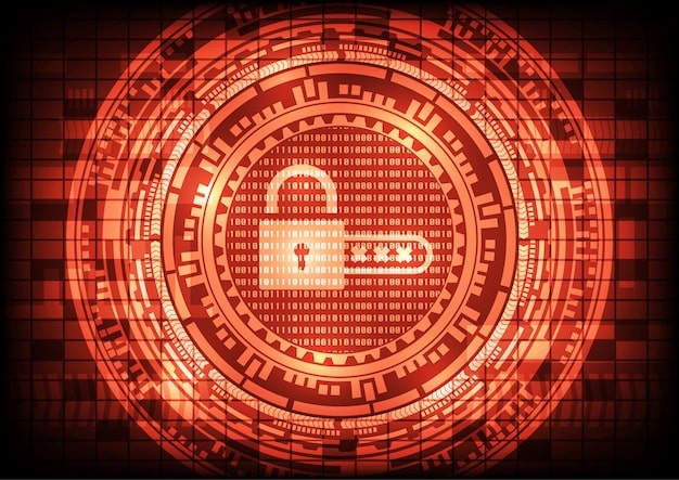 A digital illustration showing a shield with a lock icon in the center, surrounded by various cyber threats like viruses and malware, symbolizing cybersecurity for supply chains.