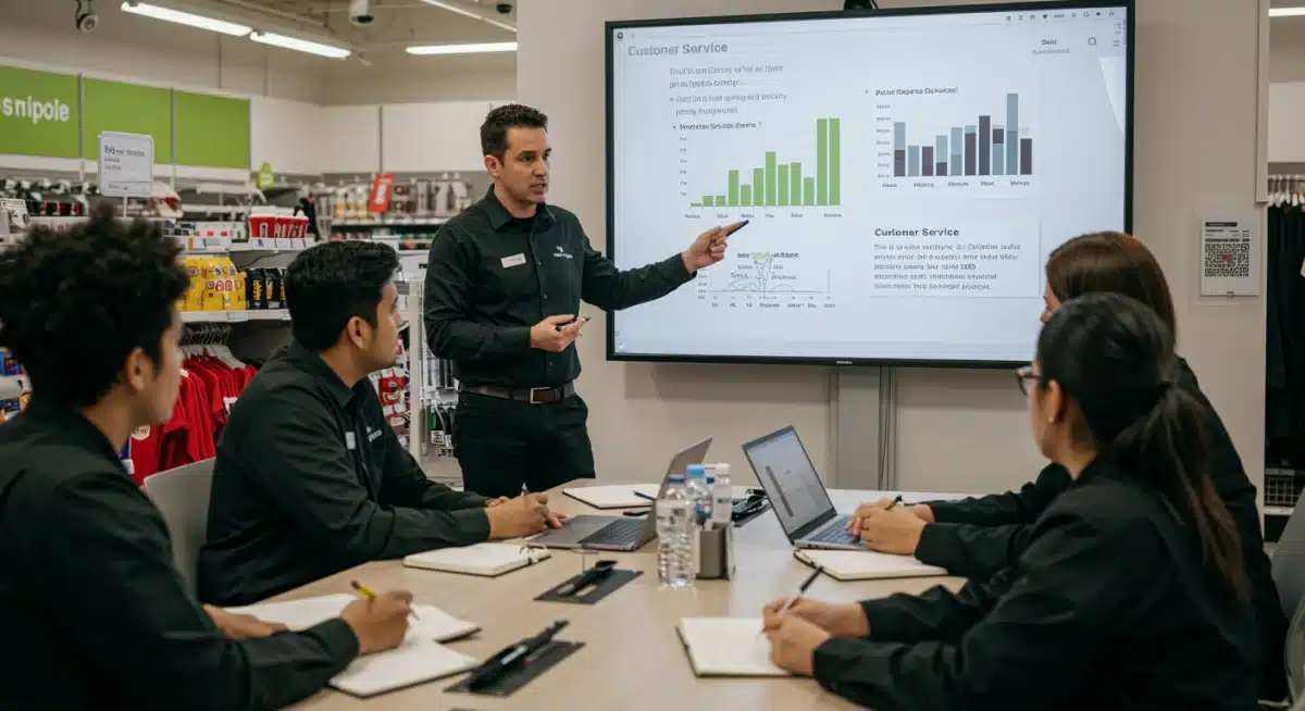 Retail manager training associates on customer service best practices and metrics