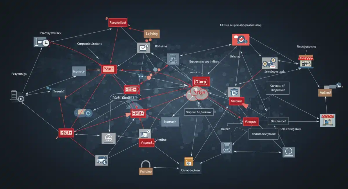 Illustrated retail supply chain showing cybersecurity vulnerabilities and interconnected points of risk.