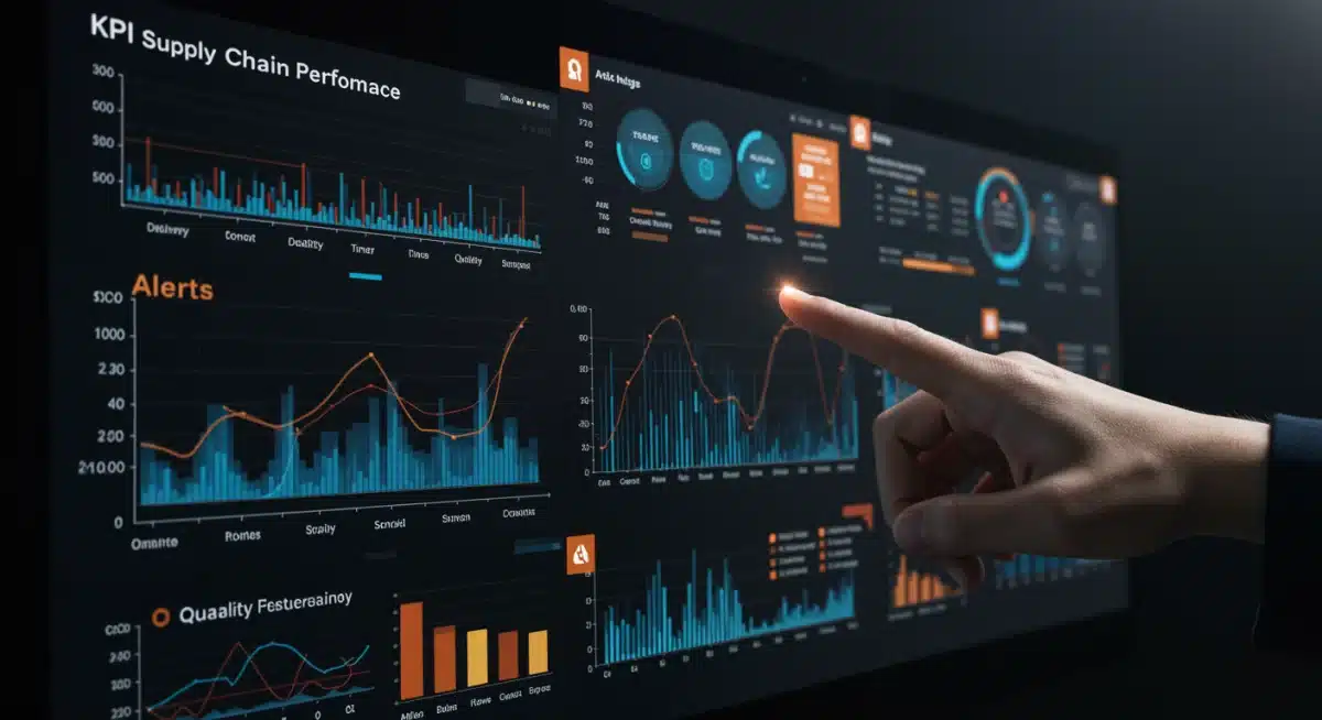 Digital dashboard showing supply chain KPIs and supplier risk alerts