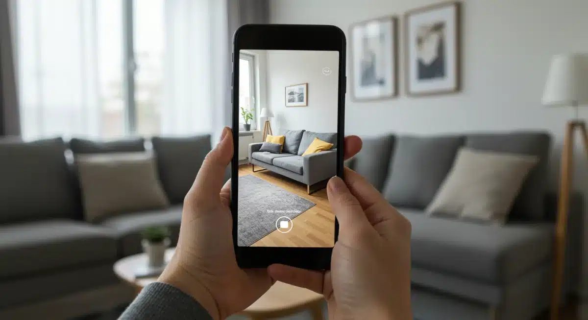 Shopper using augmented reality app to visualize furniture in their home.