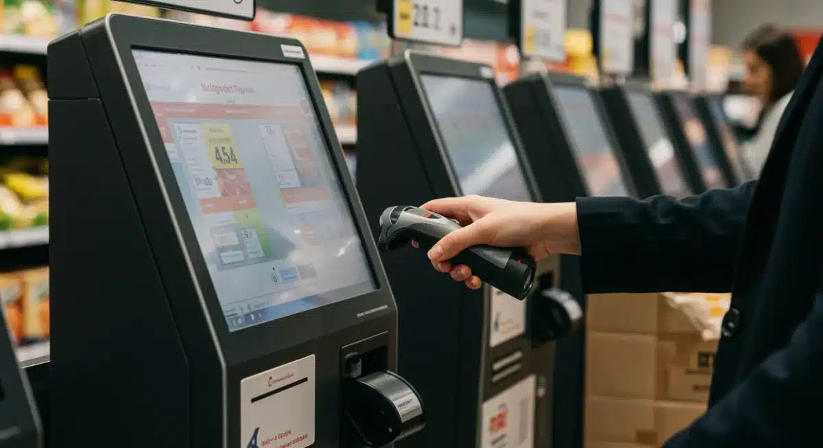 Customer using self-checkout kiosk for faster transactions