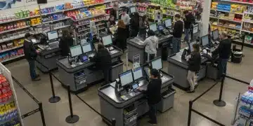 Modern retail checkout with short lines and advanced POS systems