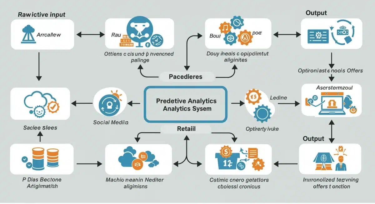 Infographic detailing the data flow and processes of a predictive analytics system in retail.
