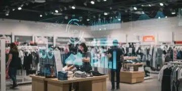 Predictive Analytics in Retail: 10% Sales Forecast Accuracy Boost by 2026 Holographic data over a bustling retail store, symbolizing predictive analytics improving sales forecasting in merchandising.