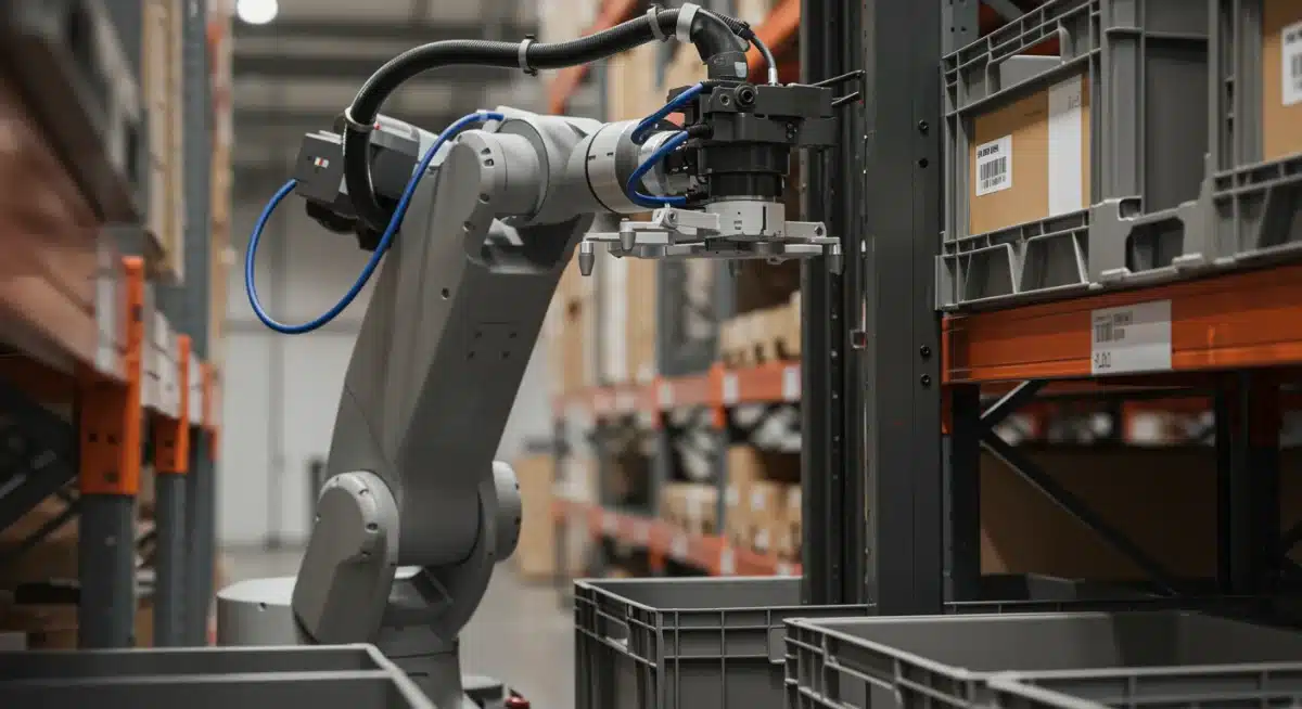 Robotic arm performing precise item picking in a warehouse