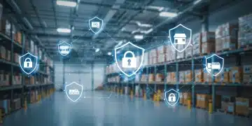 Secure retail supply chain network with digital shields and glowing data paths