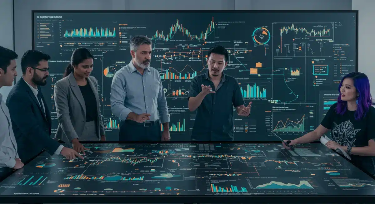 Supply chain professionals analyzing data on interactive screen
