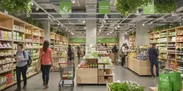 Sustainable retail store interior with eco-friendly products and diverse shoppers