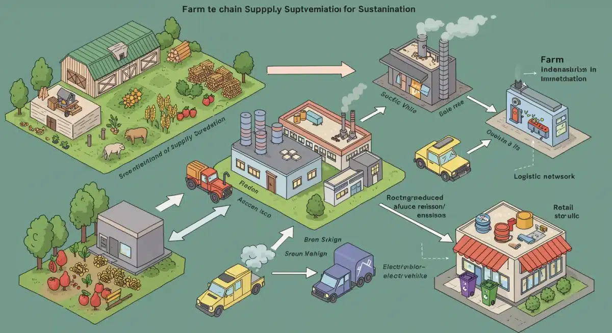 Sustainable supply chain illustration with eco-friendly farming, manufacturing, and logistics