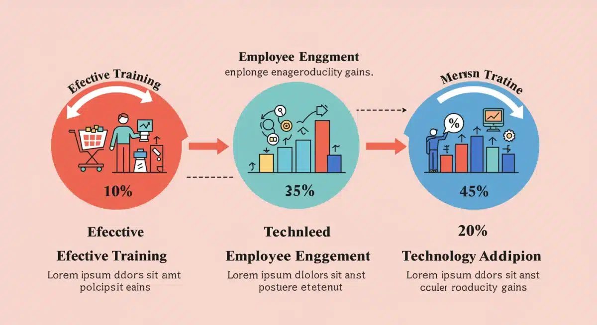 Infographic showing training, engagement, and tech impact on retail productivity.
