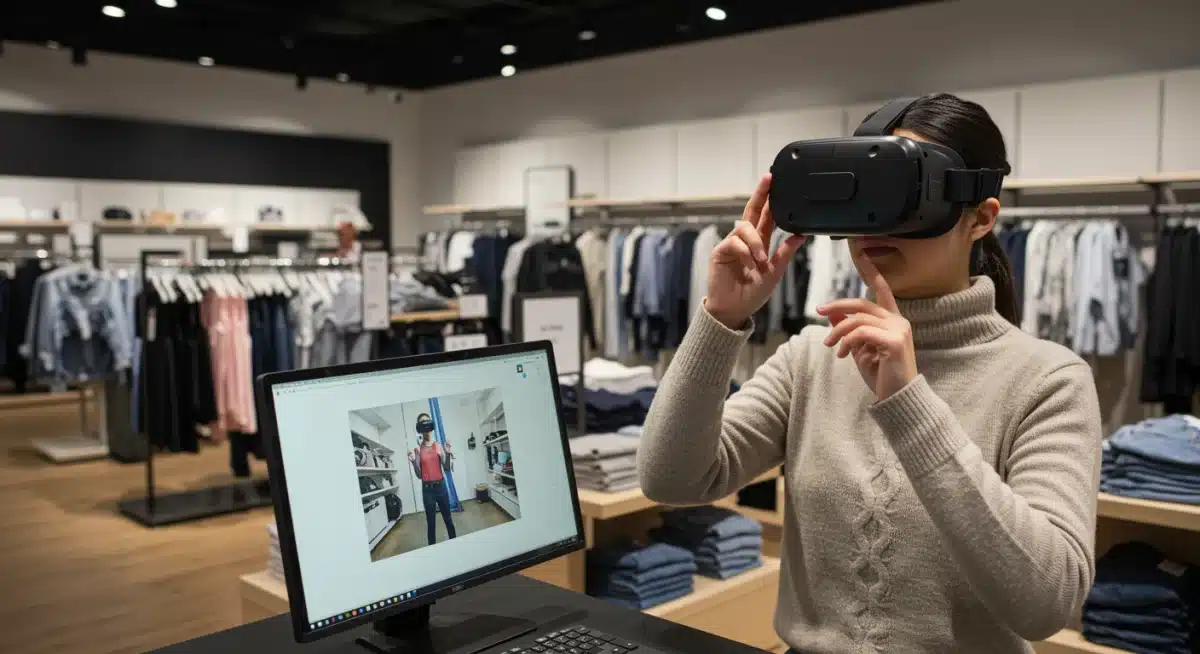 Customer using VR headset in a retail store for an immersive product experience.