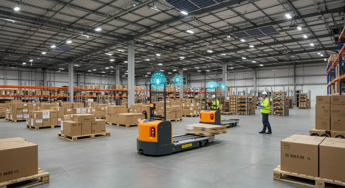 Automated warehouse with AGVs and solar panels for sustainable logistics