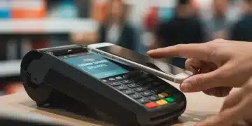 Customer tapping smartphone on POS terminal for fast contactless payment in retail store