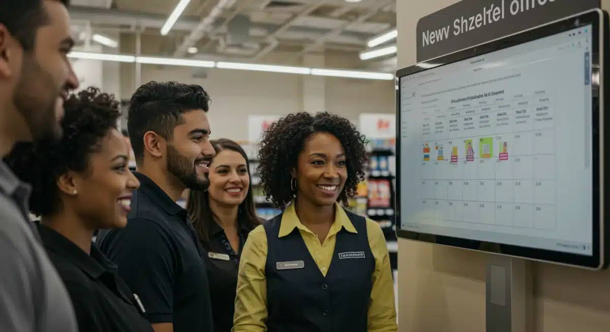Happy retail employees viewing a digital AI-generated work schedule.