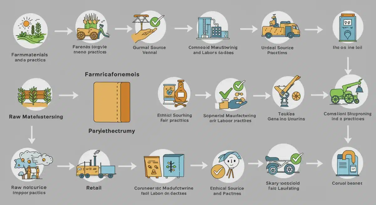 Infographic showing ethical sourcing and fair labor practices in a product's supply chain
