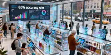 Futuristic retail store with data visualizations and predictive analytics