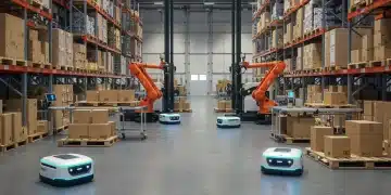 Autonomous robots streamlining operations in a modern retail warehouse, showcasing advanced automation and efficiency gains.