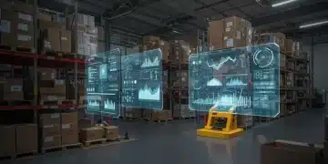 Futuristic warehouse with predictive analytics dashboards optimizing inventory in 2026