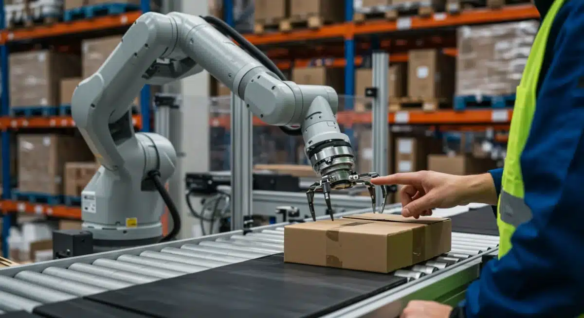 Human and robotic arm collaboration in a warehouse, demonstrating co-bot efficiency and safety in retail logistics.