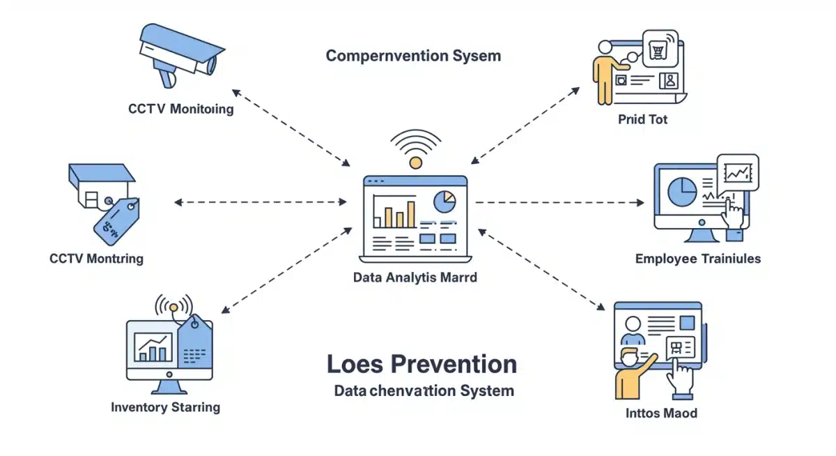 Infographic showing integrated loss prevention strategies like RFID, CCTV, and data analytics.