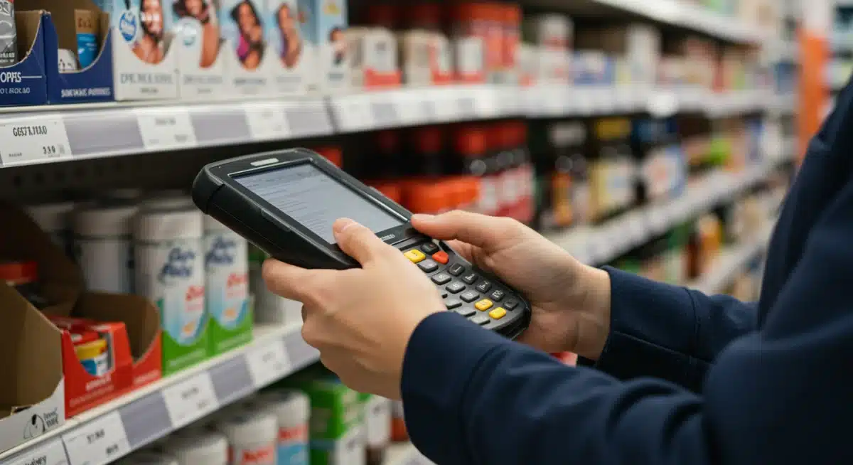 Retail associate using handheld scanner for accurate inventory management.
