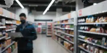 Modern retail store with security cameras and inventory management data overlays, symbolizing retail shrinkage reduction efforts.