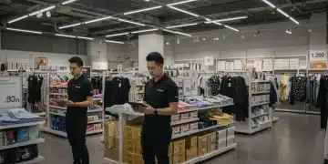 Modern retail store with staff using advanced task management systems for improved efficiency.