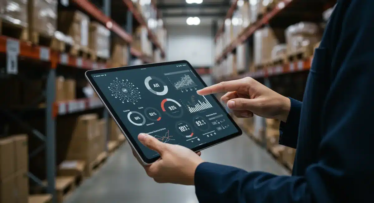 Retail executive using AI inventory management dashboard for optimization.