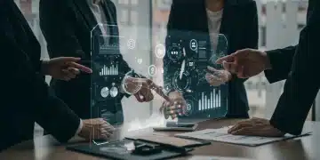 Futuristic business team analyzing supplier performance data on a holographic interface, symbolizing advanced SRM.