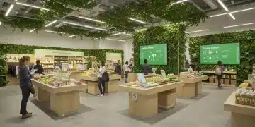 Eco-friendly retail store interior showcasing sustainable products and digital transparency displays
