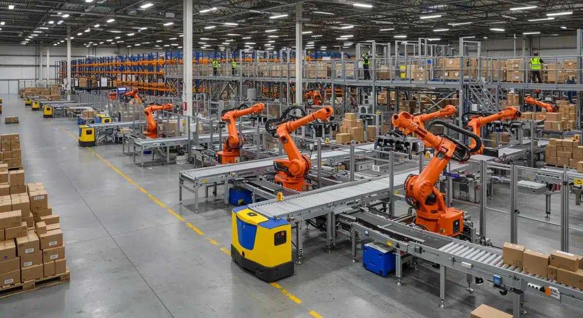 Automated warehouse with AGVs and robots managing inventory efficiently.