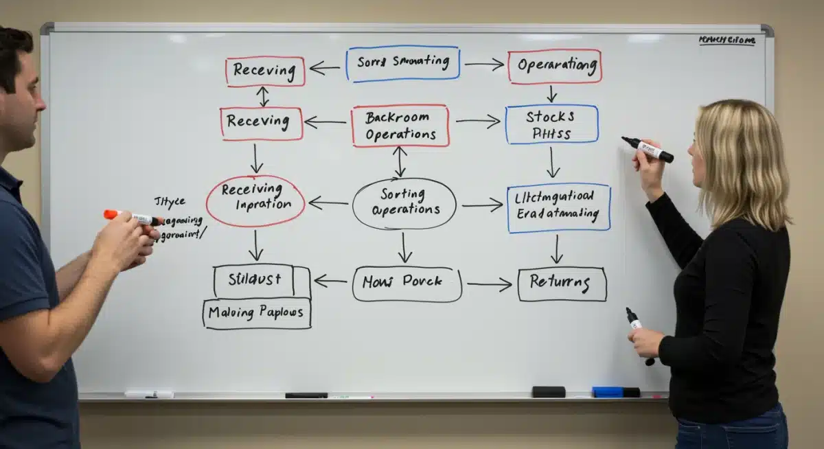 Backroom process flow diagram on whiteboard
