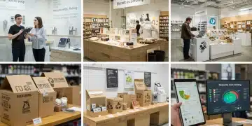 Circular economy principles in action within a modern retail environment, highlighting product repair, upcycling, and sustainable packaging.