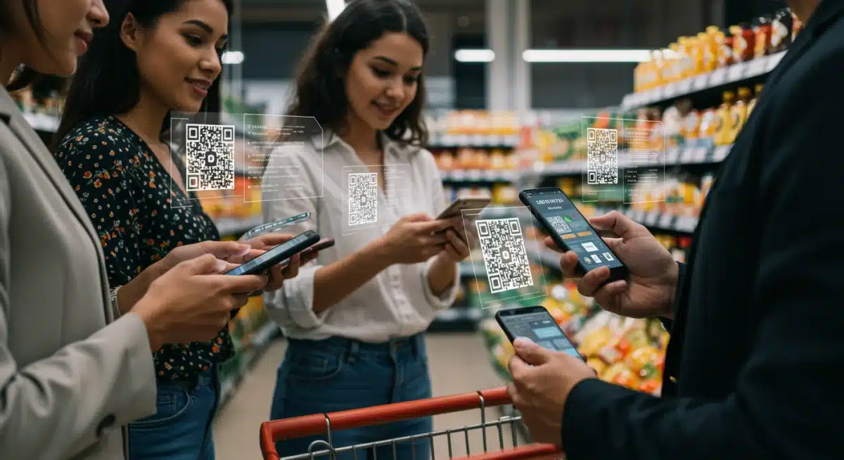 Consumers scanning products to check blockchain-verified information for trust