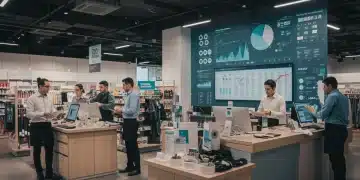 Optimized retail store with efficient staff and digital scheduling displays.