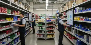 Organized retail backroom with staff and inventory management system