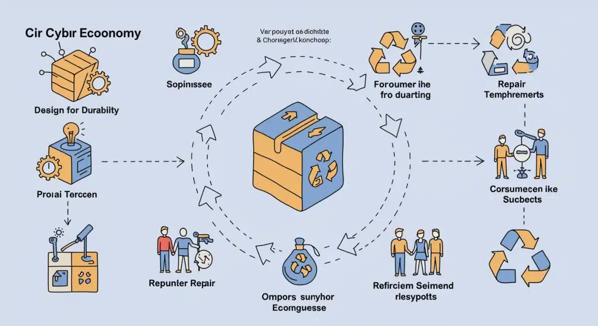 Visual representation of the product lifecycle in a circular economy, showing design, use, repair, and recycling phases.