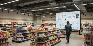 Modern retail store with real-time inventory data on digital screens and organized products.