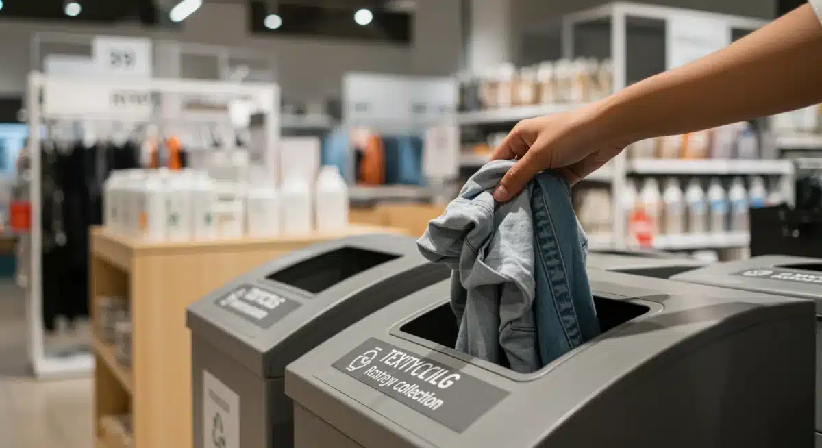 Customer depositing a used garment into a textile recycling bin in a retail store, emphasizing product take-back programs.