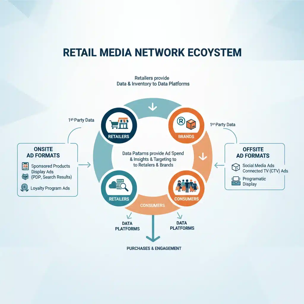 Infographic showing the ecosystem of a retail media network, illustrating the connection between retailers, brands, consumers, and data platforms.