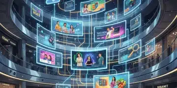 Illustration of a retail media network, showing digital ads on screens in a store with data streams, symbolizing new revenue and digital advertising growth.