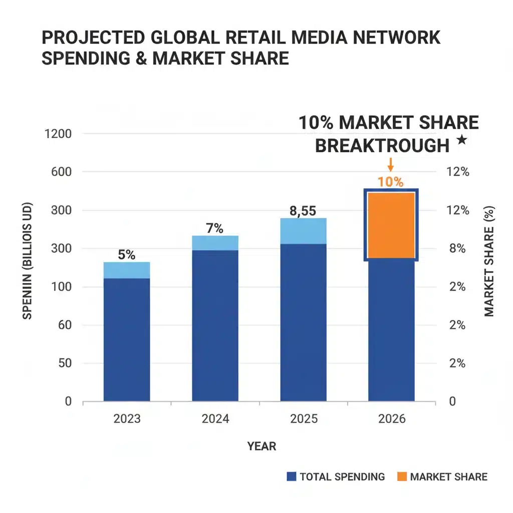 Projected growth chart for retail media network spending, highlighting the expected 10% market share by 2026, showing a clear upward trend.