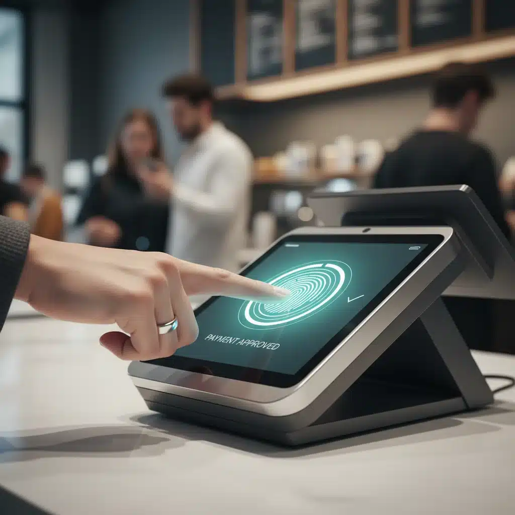 Customer using biometric fingerprint scan for secure payment