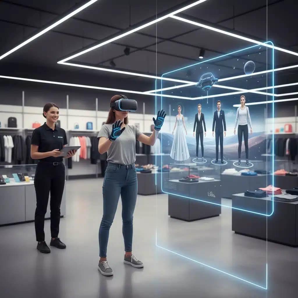 Customer using VR headset for virtual try-on in retail